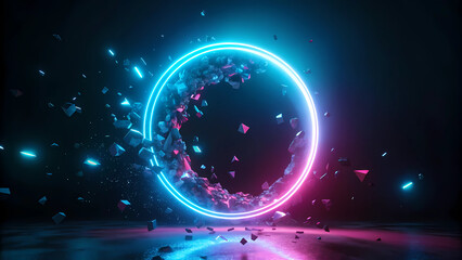 Pieces floating in neon rings