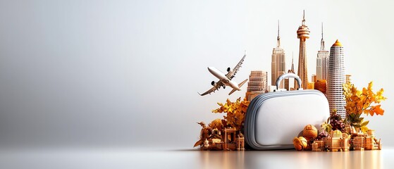 A stylish travel suitcase surrounded by autumn leaves and iconic city landmarks, symbolizing adventure and exploration.
