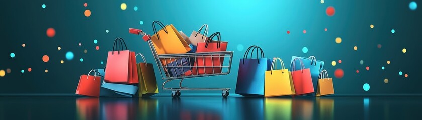 Black Friday sale cart, overflowing with shopping bags and discounts, flat design illustration