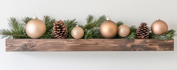 Wooden Mantle with Minimalist Holiday Decor, neutral ornaments, soft winter colors, pine cones, simple elegance, seasonal warmth