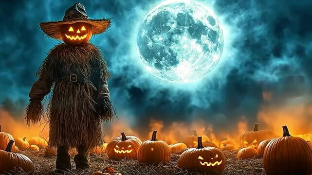 A mysterious scarecrow stands in a pumpkin-filled field under a glowing full moon, surrounded and flying autumn leaves.