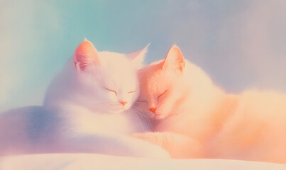 A loving hugging couple of kittens. Greeting card for birthday, Valentine's day or wedding invitation.