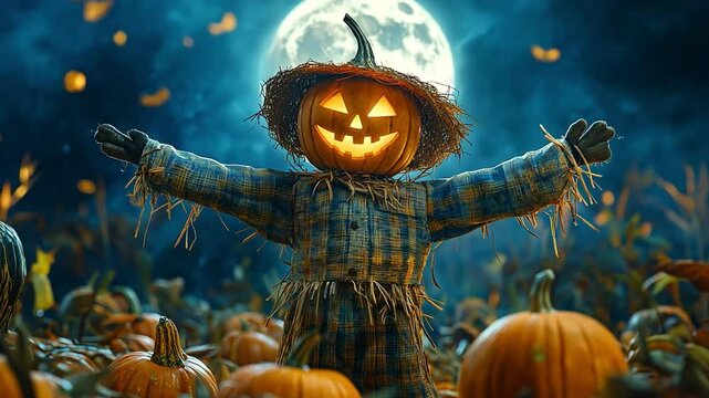 A mysterious scarecrow stands in a pumpkin-filled field under a glowing full moon, surrounded and flying autumn leaves.