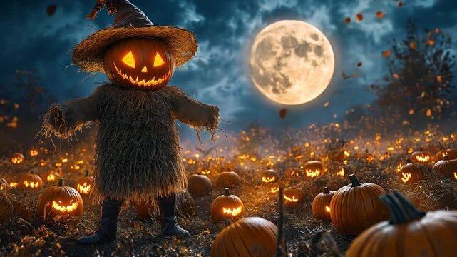 A mysterious scarecrow stands in a pumpkin-filled field under a glowing full moon, surrounded and flying autumn leaves.
