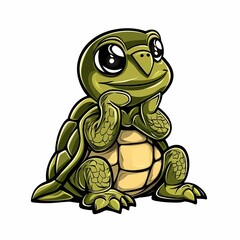 Obraz premium A cartoon illustration of a turtle with big eyes, sitting with its hands on its chin, looking up.