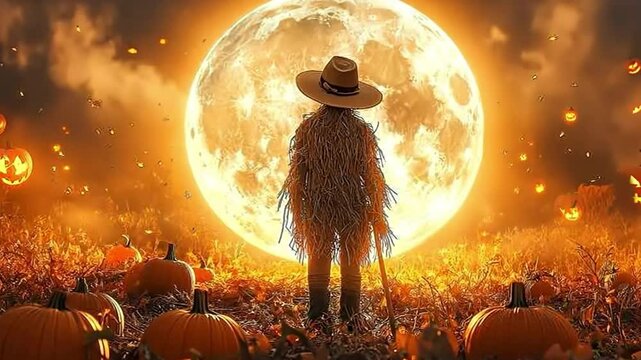 A mysterious scarecrow stands in a pumpkin-filled field under a glowing full moon, surrounded and flying autumn leaves.