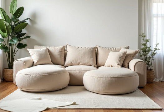 Minimalist living room interior with beige sofa and ottomans