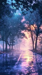 Obraz premium Misty Road at Sunrise Enveloped in a Dreamlike Atmosphere of Nature s Tranquility
