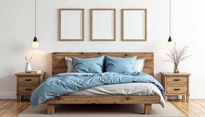 Minimalist Bedroom with Wooden Bed and Blue Bedding