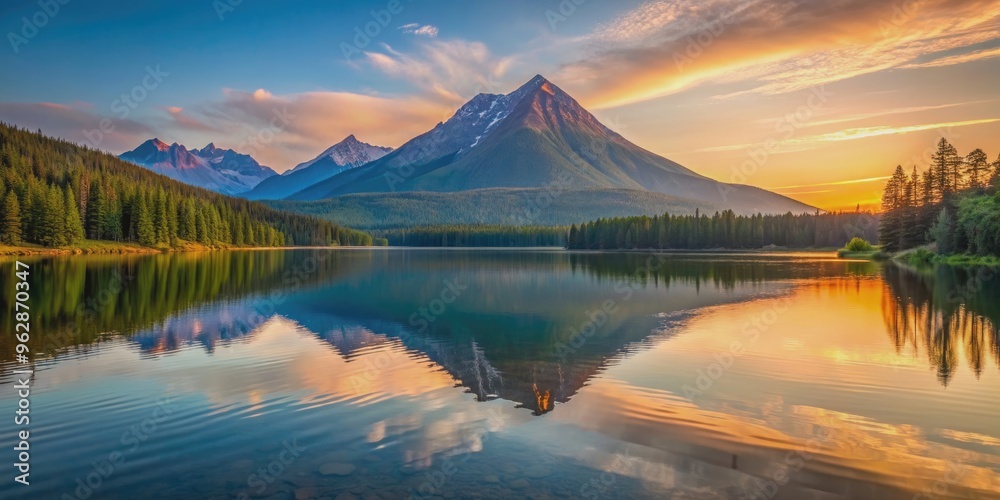 Wall mural Tent on tranquil lake with picturesque mountain backdrop at sunset, tent, lake, mountain, sunset, nature, scenic