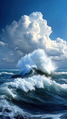 Fototapeta premium Dramatic scene of storm brewing over ocean with crashing waves.