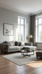 Fototapeta premium Modern Living Room with Sectional Sofa and Sunbeams