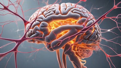 close up of human brain, neurons firing, neural extensions, cognitive learning plasticity. Detailed close up of human brain showing neurons firing and neural extensions in action	