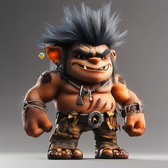 A 3D rendered illustration of a cartoon goblin with spiky hair, a mischievous grin, and a fierce expression, wearing a loincloth and jewelry.