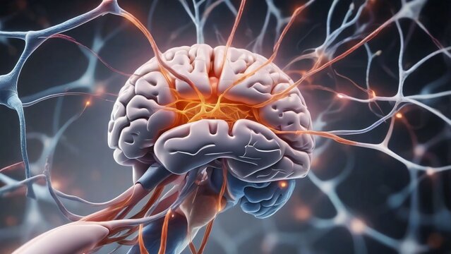 close up of human brain, neurons firing, neural extensions, cognitive learning plasticity. Detailed close up of human brain showing neurons firing and neural extensions in action	