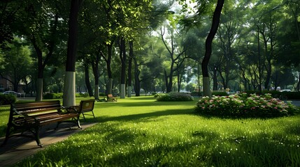 Fototapeta premium Serene City Park with Lush Greenery and Benches