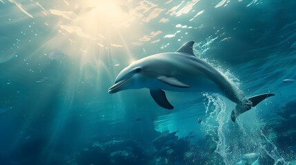 Dolphin Swimming in the Ocean with Sunlight