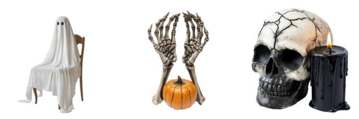 A spooky Halloween-themed set featuring three objects: a ghost costume draped over a chair, skeletal hands holding a small pumpkin, and a cracked skull placed next to a black candle with dripping wax