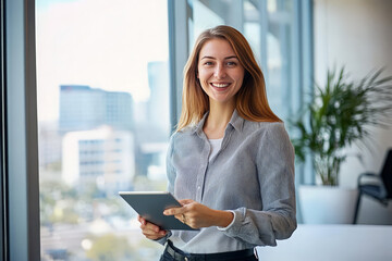 Fototapeta premium A smiling young businesswoman stands in a modern office holding a tablet.