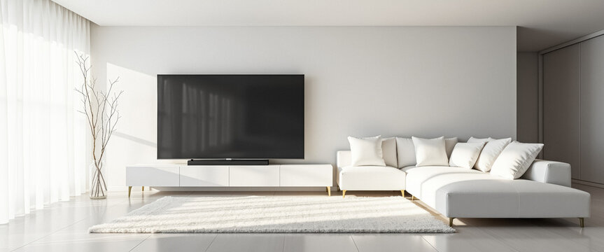 Minimalist living room with white sectional sofa and flat screen TV