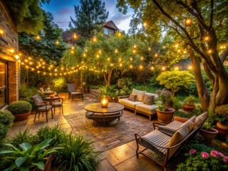 Whimsical evening view of string-lit backyard oasis with lush greenery, meandering pathways, and modern patio furniture, bathed in warm golden light.