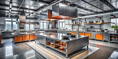 Vibrant orange accents pop against industrial gray tones in state-of-the-art culinary laboratory featuring high-tech cooking stations and precision utensils