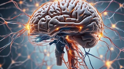 close up of human brain, neurons firing, neural extensions, cognitive learning plasticity. Detailed close up of human brain showing neurons firing and neural extensions in action	