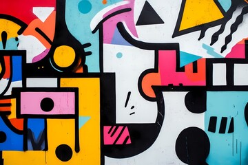 A colorful and abstract graffiti mural with geometric shapes and bold lines.