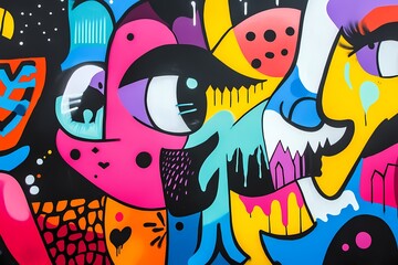 Fototapeta premium A vibrant street art mural featuring colorful abstract figures with large eyes and playful lines, created with bold colors and dynamic strokes on a black background.