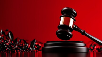 A close-up of a gavel on a red background, symbolizing justice and law. The setting conveys authority and decision-making.