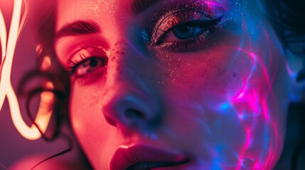 Close-up of a woman's face adorned with sparkling glitter makeup and highlighted by neon lights. The colorful reflections and sharp details evoke a sense of glamour and modern style.