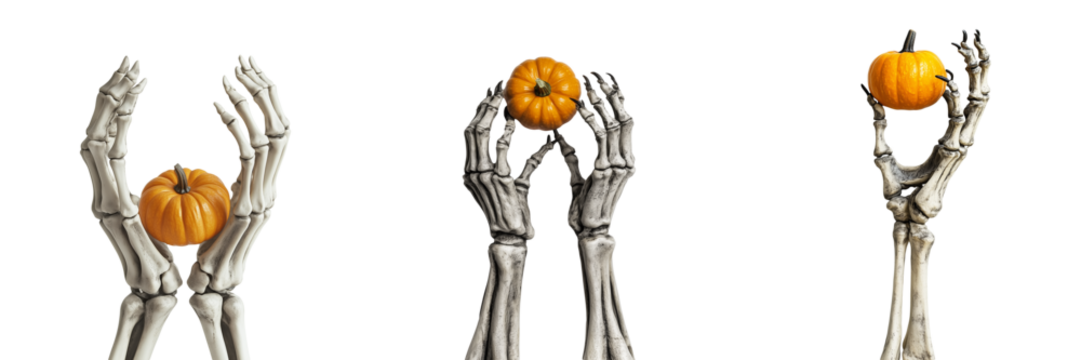 A pair of skeleton hands reaching up from the ground, clutching a small pumpkin, isolated on transparent background
