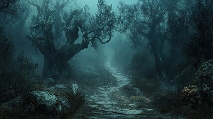 A dark, winding path through a haunted forest