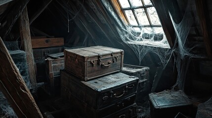 A creepy attic filled with old trunks and cobwebs