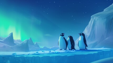A captivating scene of three penguins standing on an icy cliff, gazing at the stunning aurora borealis in the night sky. The snowy landscape and northern lights create a magical and serene atmosphere