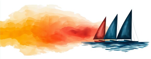 Begin Again with Watercolors: Watercolor sailboats on the ocean with vibrant red and orange sky.