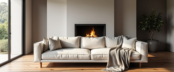 Cozy Living Room with White Sofa and Fireplace