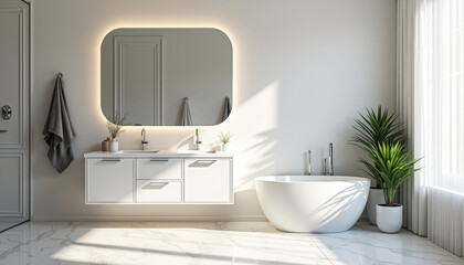 Minimalist Bathroom with White Tub and Marble Floor