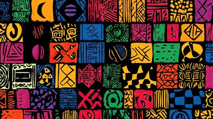 A detailed digital rendering of a Ghanaian textile pattern featuring repetitive adinkra symbols and bright color contrasts, suitable for both contemporary and traditional textiles.