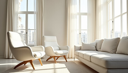 Fototapeta premium Modern living room with white sofa and chairs