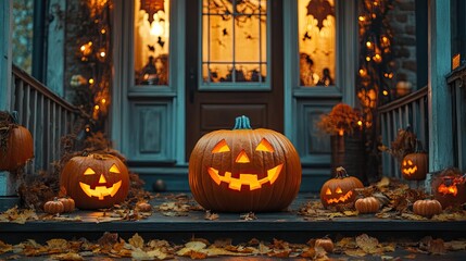 Obraz premium A decorated porch with carved pumpkins and Halloween decorations