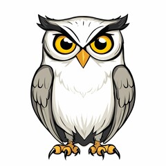 Obraz premium A cartoon illustration of an owl with large, yellow eyes and a serious expression. It is white with grey wings and a yellow beak.