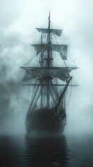 Fototapeta premium A ghost ship sailing through a misty, haunted sea