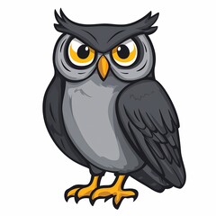 Naklejka premium A cartoon owl with gray feathers and yellow eyes.