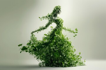 Stunning woman full-body shape made of green flowers with light background. Parfume concept features flowing dress and hidden face. Center composition artistic photo captures eco-friendly beauty.