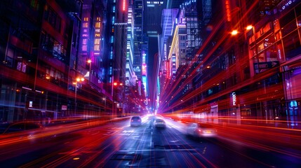 Vibrant Cityscape with Neon Lights and Traffic