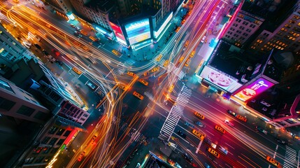 Aerial View of Cityscape at Night with Traffic Lights