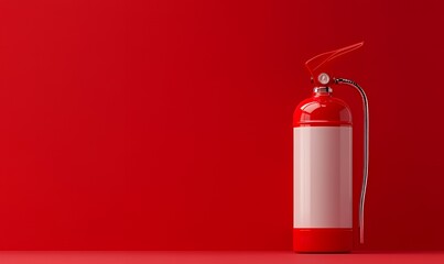 Obraz premium Red fire extinguisher with a white label on a red background.
