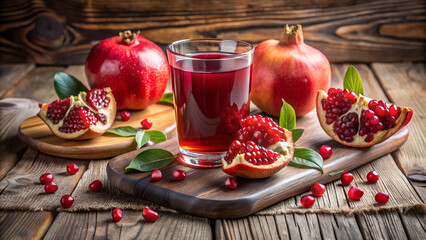 Pomegranate juice and fruit on a wooden table - advertising image