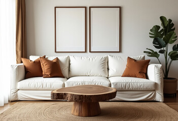 Fototapeta premium Minimalist Living Room with White Sofa and Wooden Coffee Table